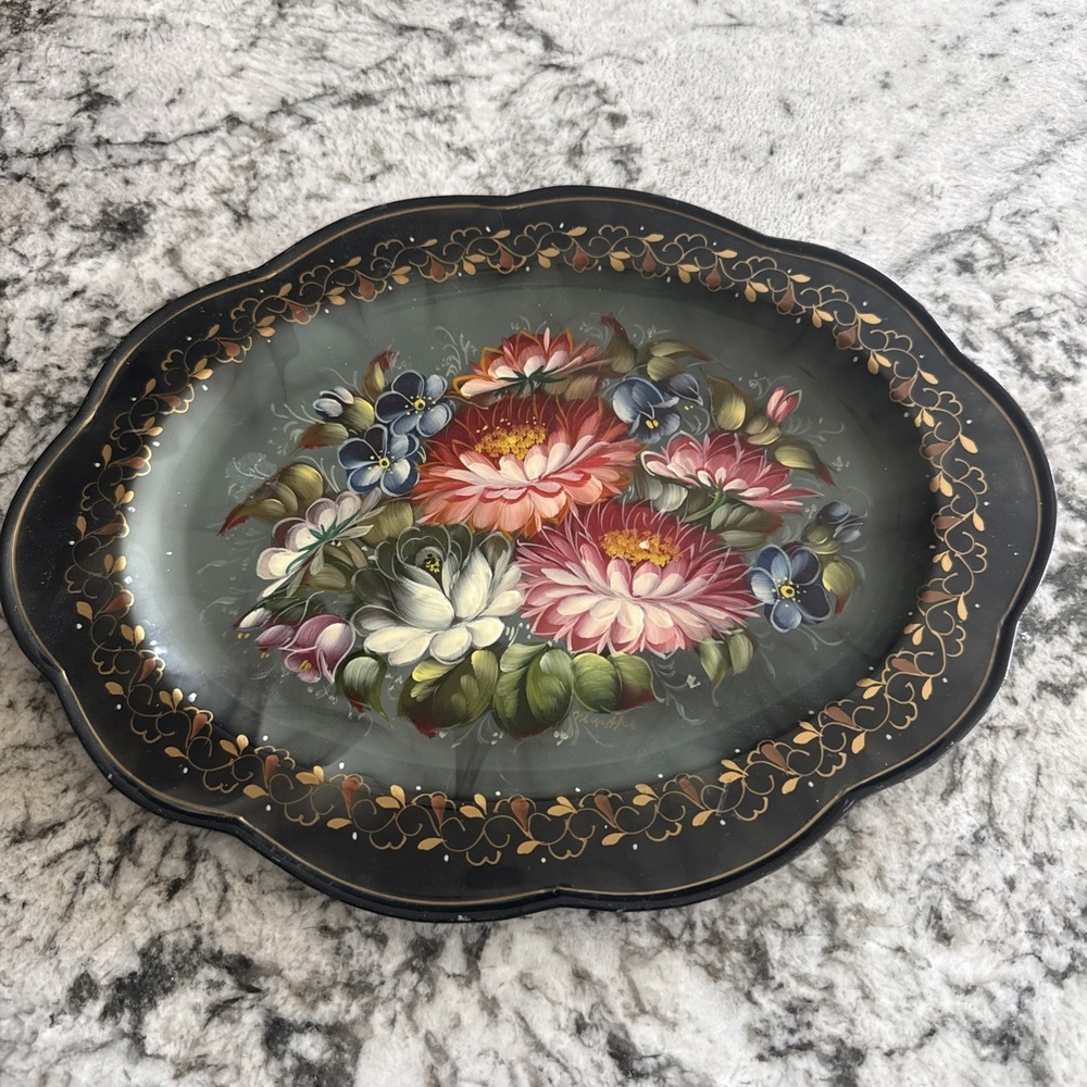 Vintage Russian Hand Painted Metal Tray | 13" Long Collectors Decorative Plate